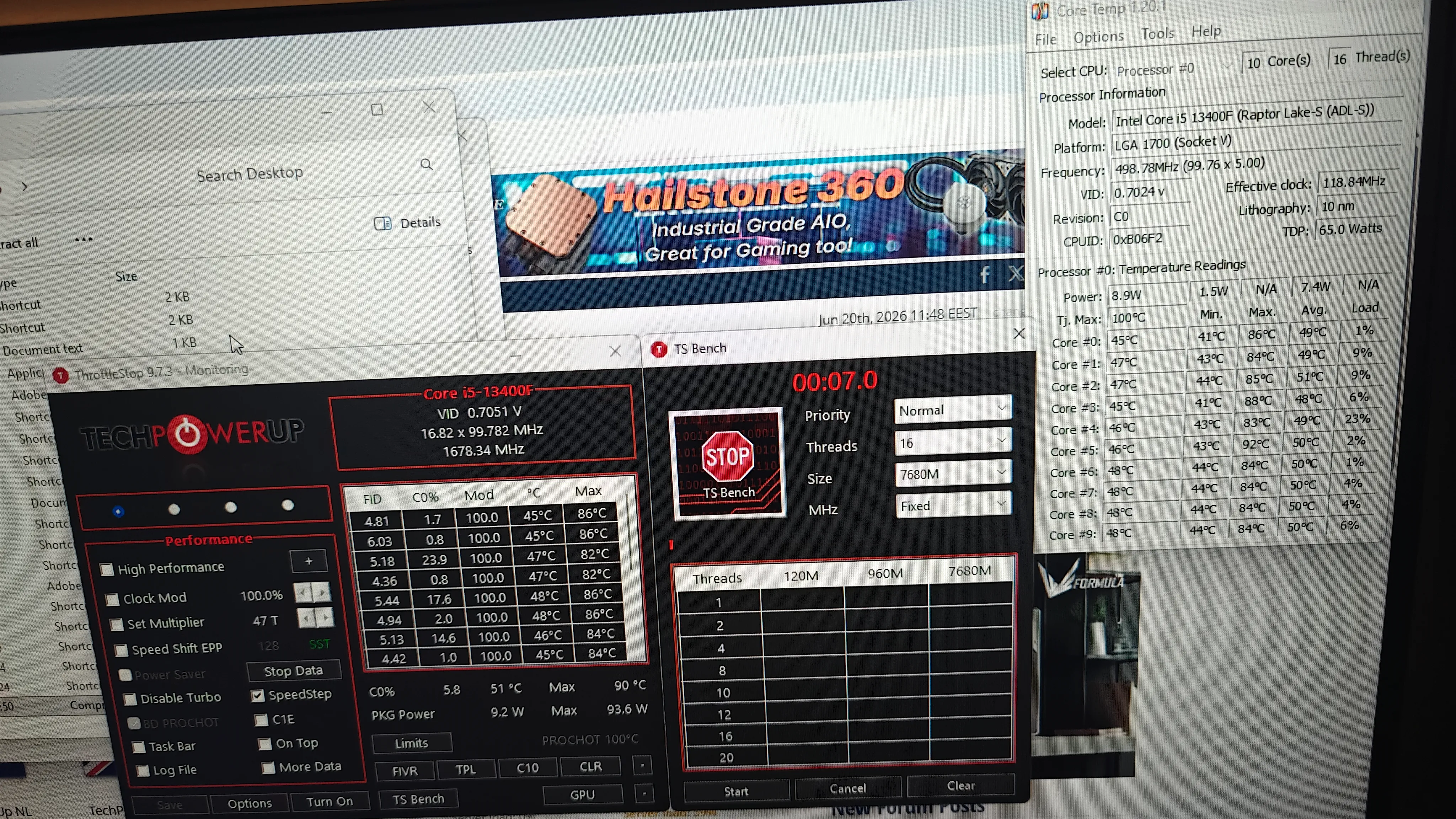 ThrottleStop monitoring înainte - i5-13400F throttlat la 1678 MHz, PKG Power 9.2W, temperaturi max 86-90°C în primele secunde de load
