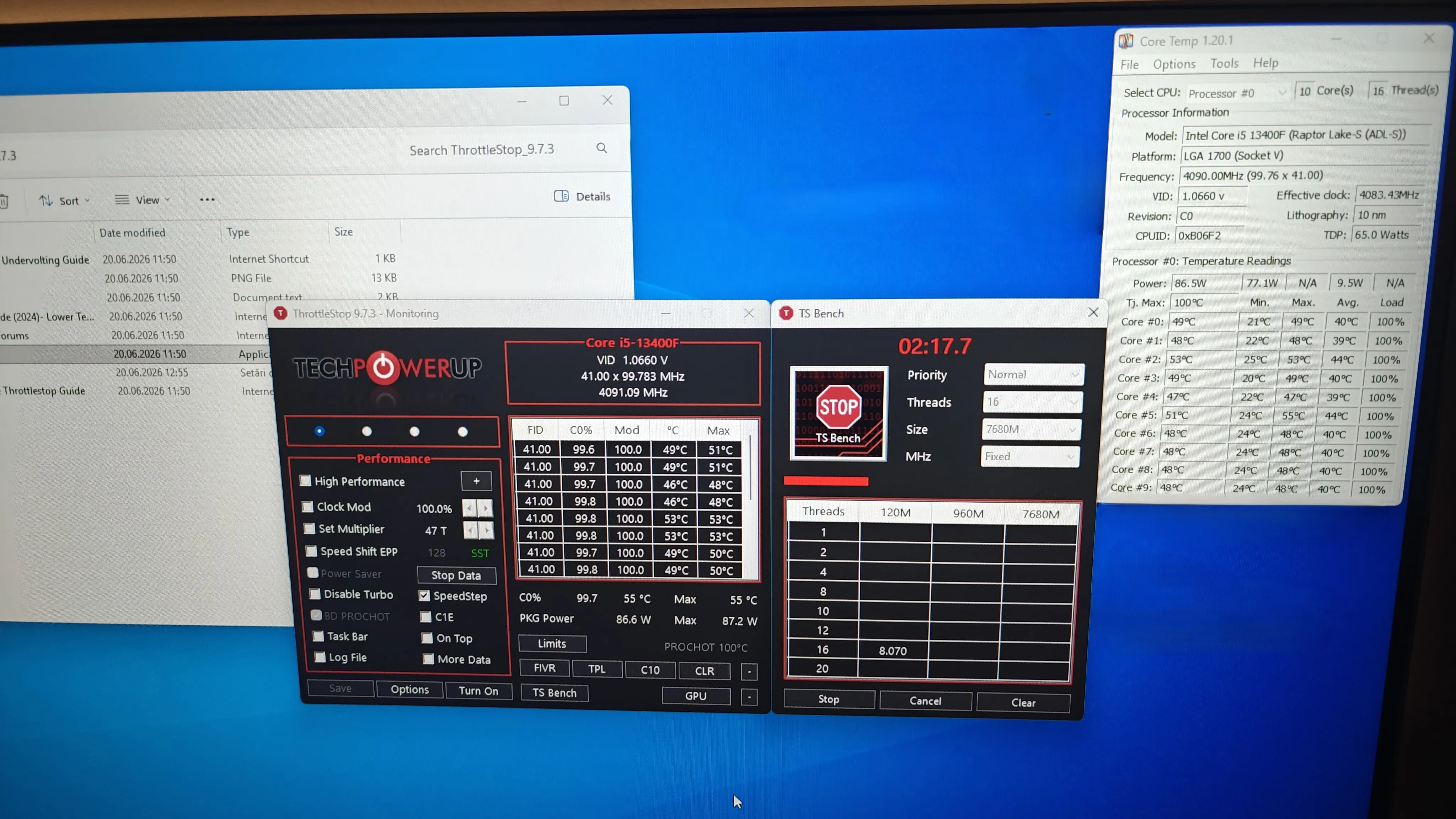 ThrottleStop monitoring după înlocuire AIO - i5-13400F la 4091 MHz, PKG Power 86.5W, temperaturi max 55°C la load complet 2 minute