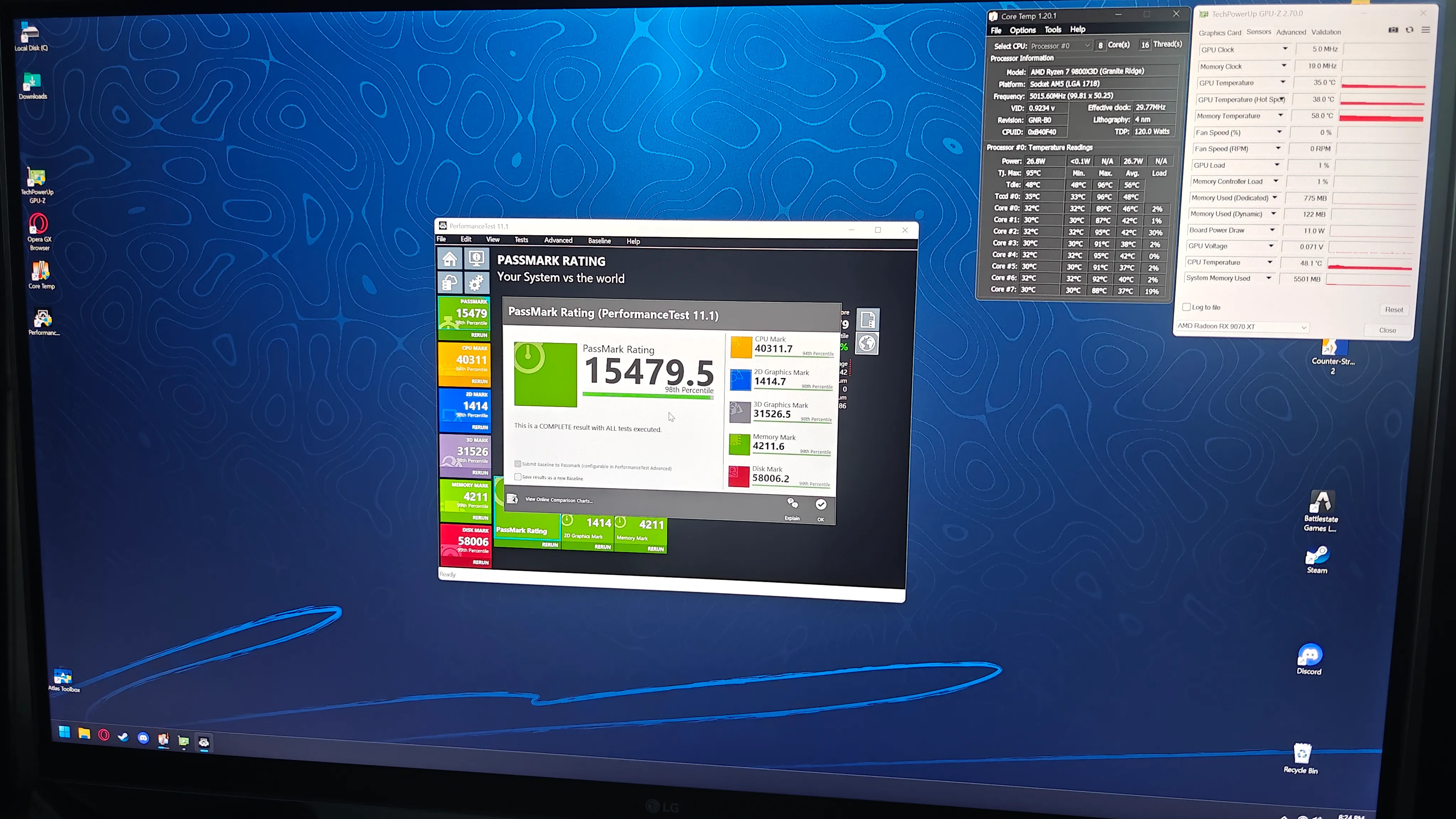 Rezultat PassMark după reconectarea corectă - Ryzen 7 9800X3D și RX 9070 XT, sistem stabil