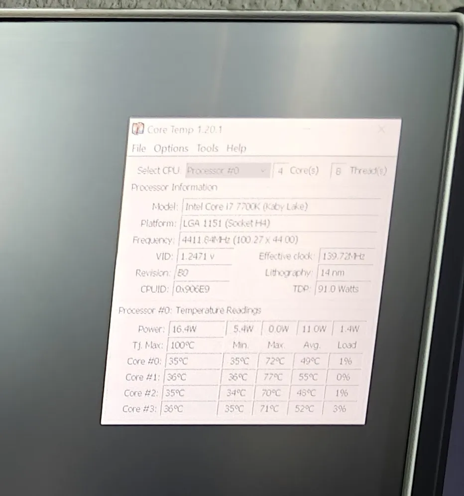 Core Temp pe i7-7700K după montarea AIO-ului nou - temperaturi maxime 70-77°C
